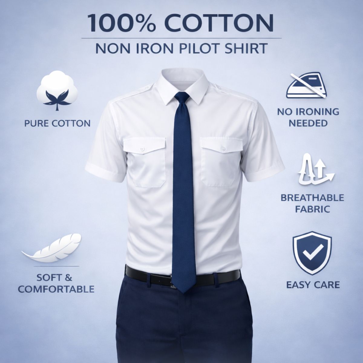 Pilot Shirt - Short Sleeve - 100% Cotton - Non Iron