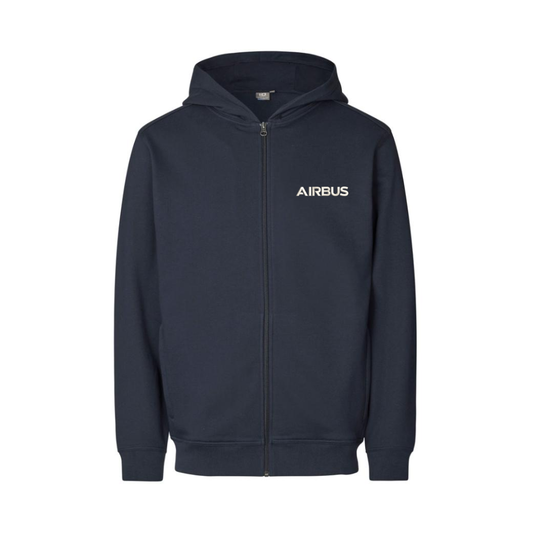 Navy hoodie with 'AIRBUS' logo on a white background