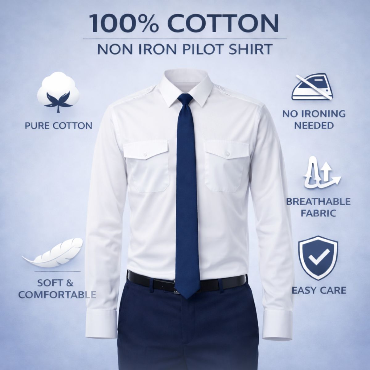 Pilot Shirt - Long Sleeve - 100% Cotton - Non Iron