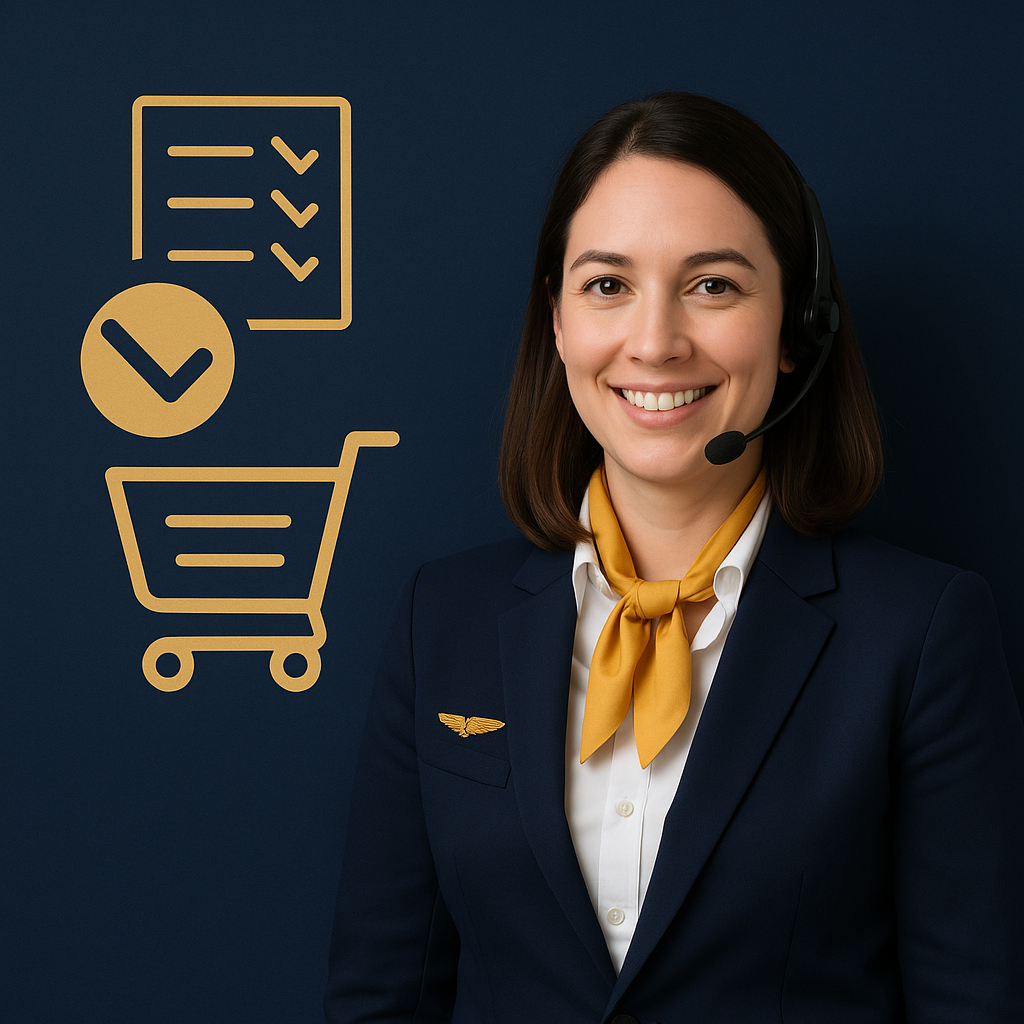 Woman in a professional setting with icons of a checklist, shopping cart, and check mark on a dark background