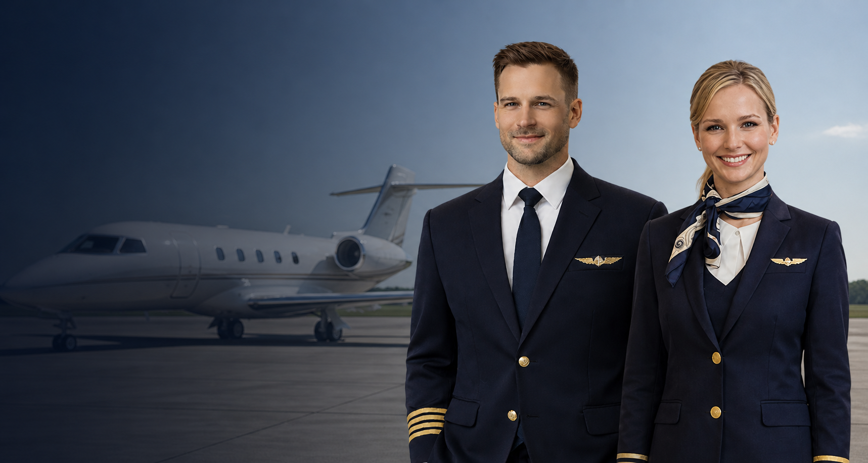 Two pilots standing in front of a private jet with a clear sky background